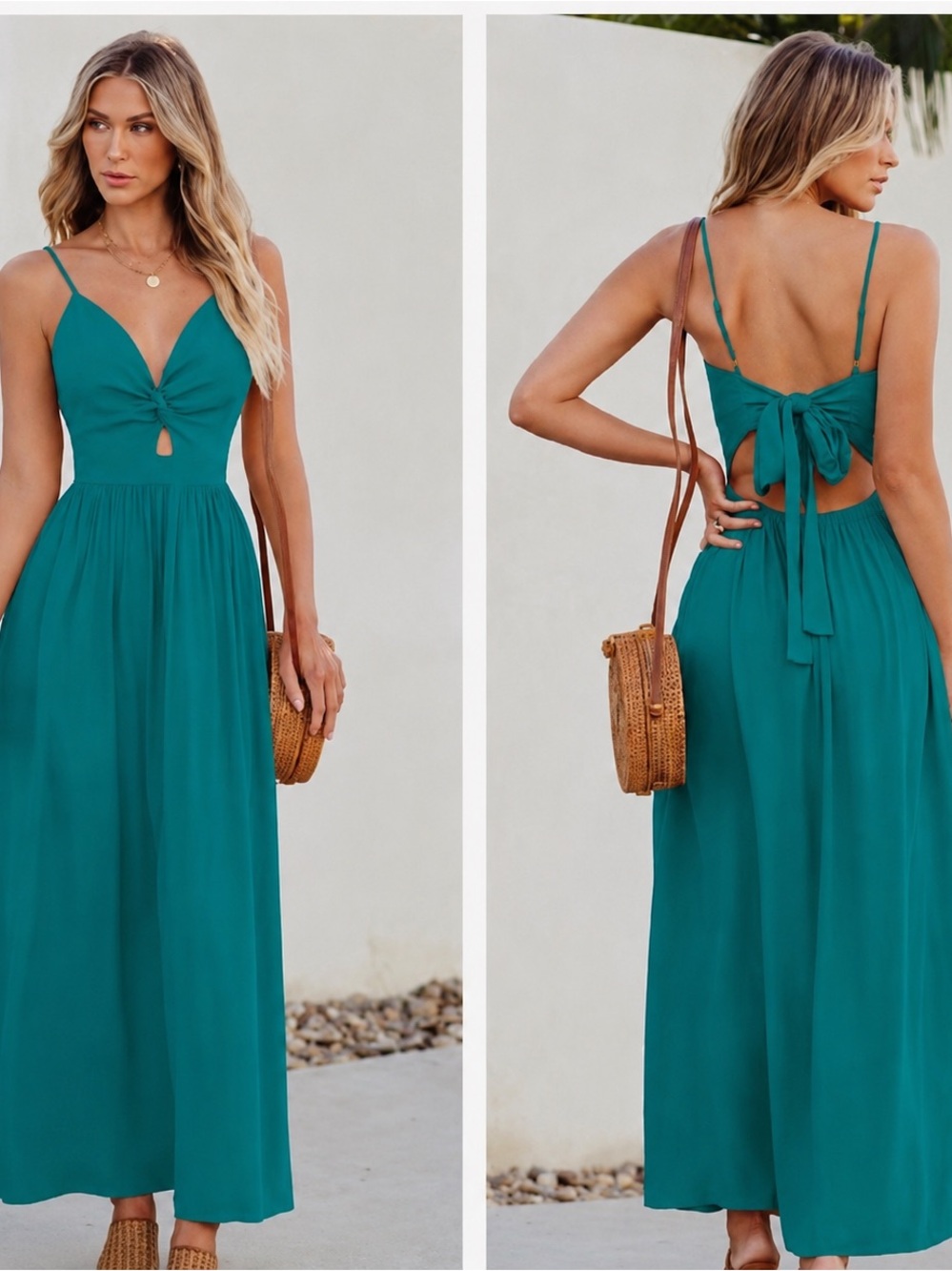 Cupshe Teal Tie-Back Maxi Dress with Spaghetti Straps